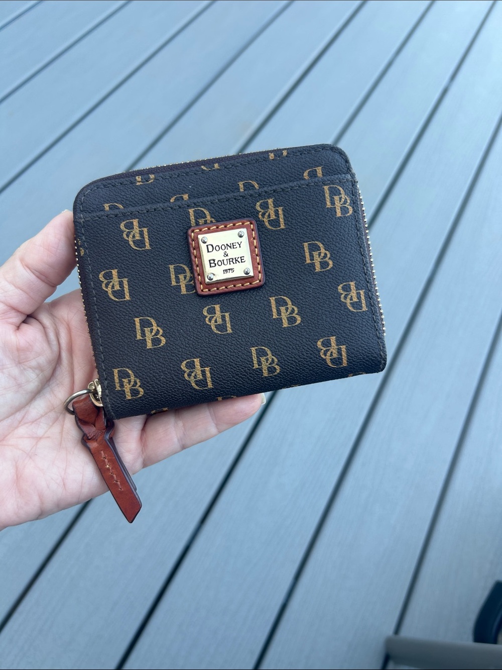 Dooney & Bourke Greta Small Black and Brown Signature Zip Card Wallet